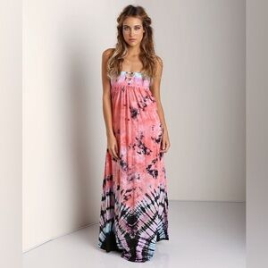 Indah Flamingo Strapless Smocked Bandeau Maxi Tie Dye Dress